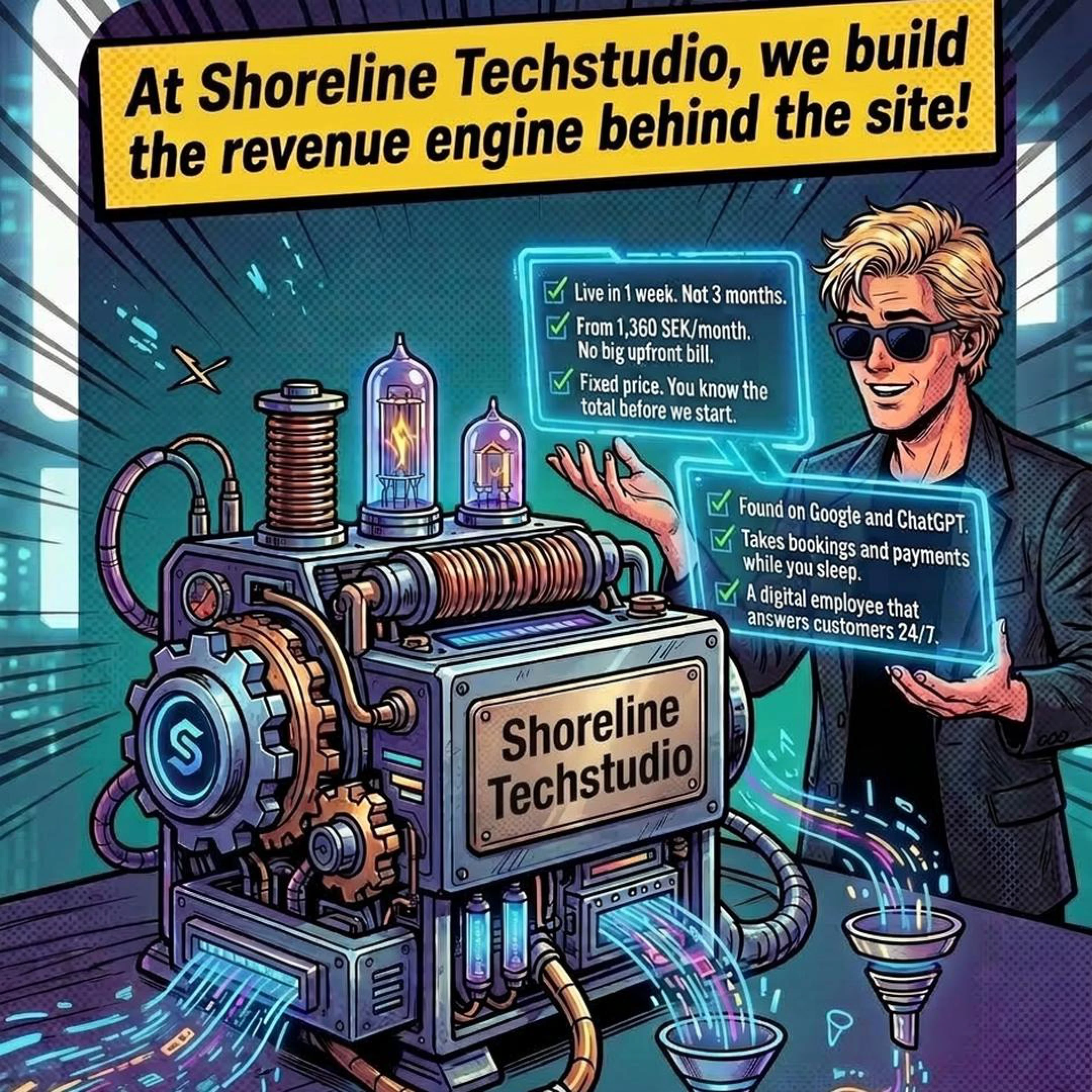 Serieruta: en maskin märkt Shoreline Techstudio och en person som visar en checklista över det som ingår